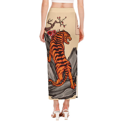 Japanese Tiger Tattoo Print Side Slit Maxi Skirt