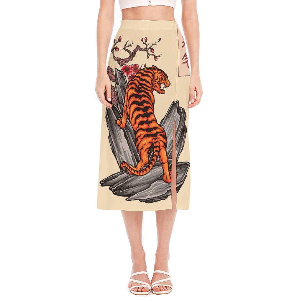 Japanese Tiger Tattoo Print Side Slit Midi Skirt