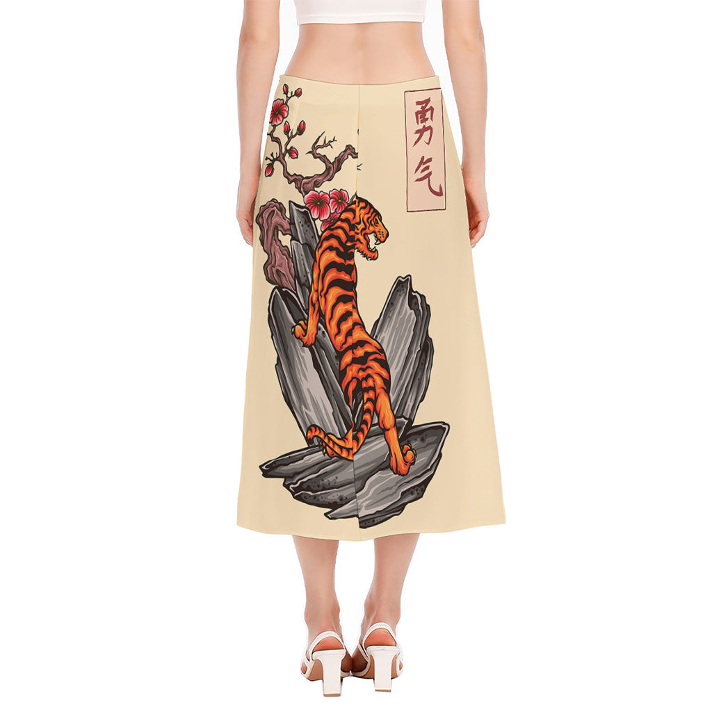 Japanese Tiger Tattoo Print Side Slit Midi Skirt