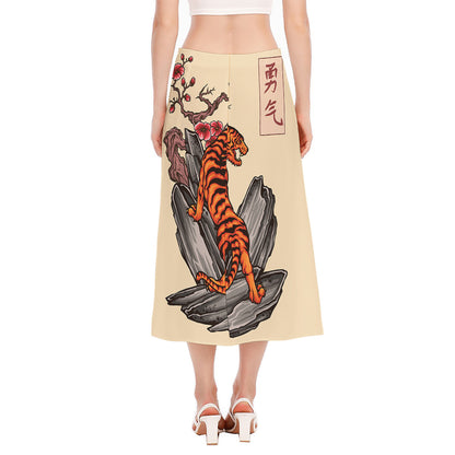 Japanese Tiger Tattoo Print Side Slit Midi Skirt