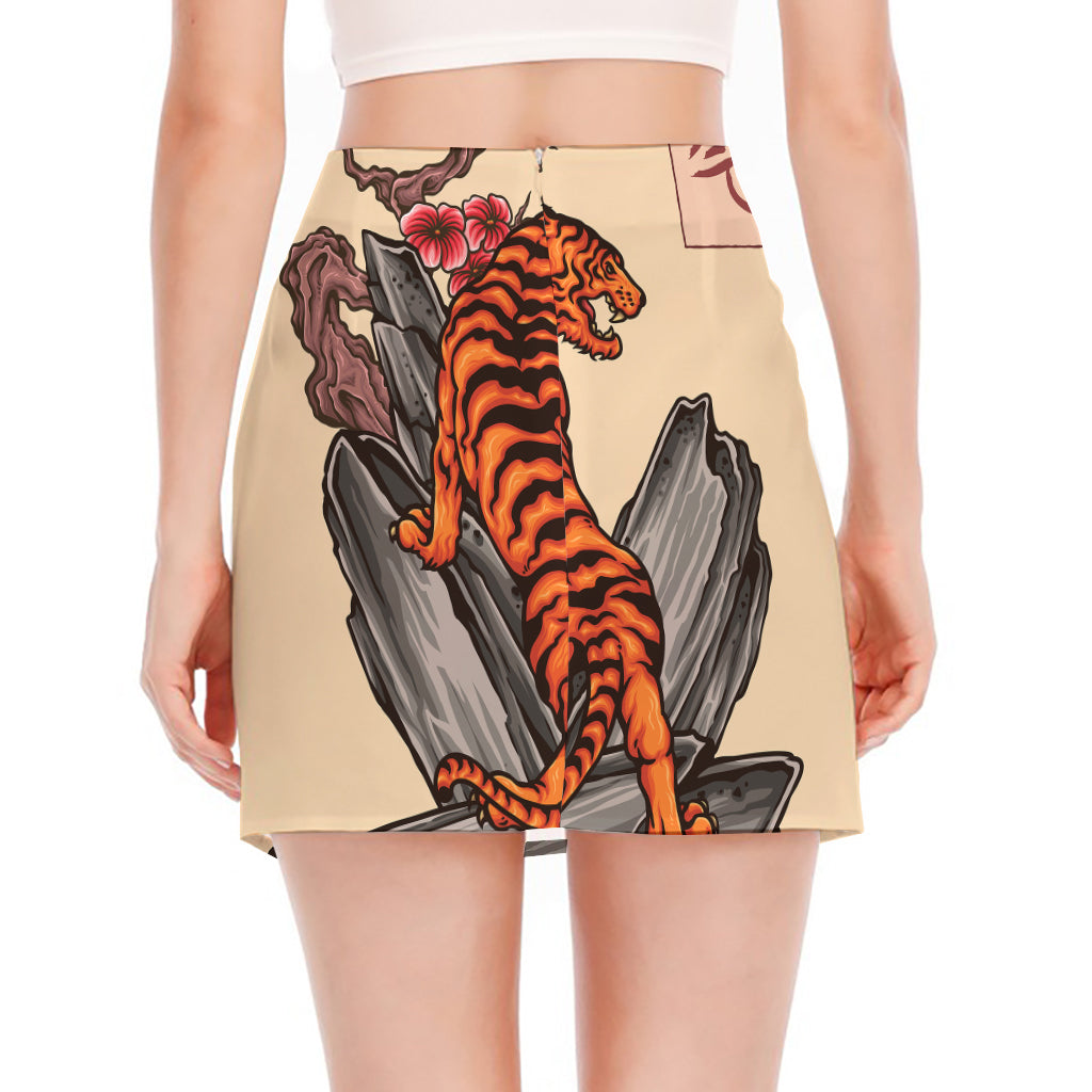 Japanese Tiger Tattoo Print Side Slit Mini Skirt