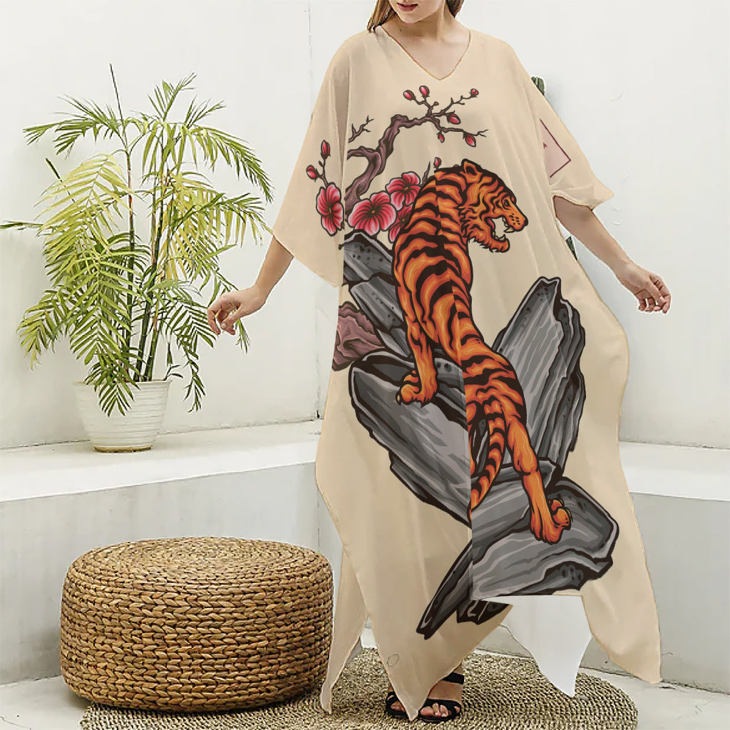 Japanese Tiger Tattoo Print Silk V-Neck Kaftan Dress