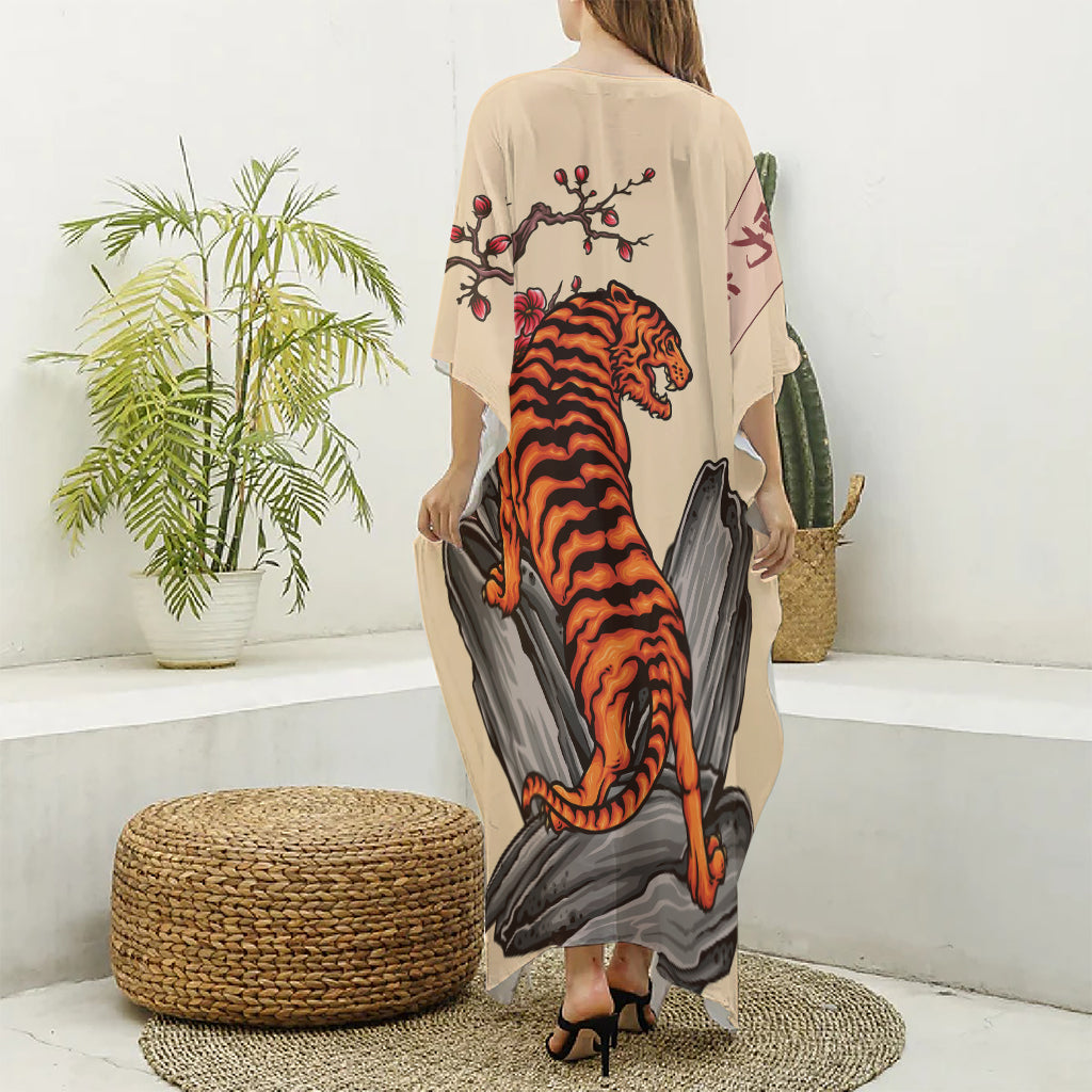 Japanese Tiger Tattoo Print Silk V-Neck Kaftan Dress