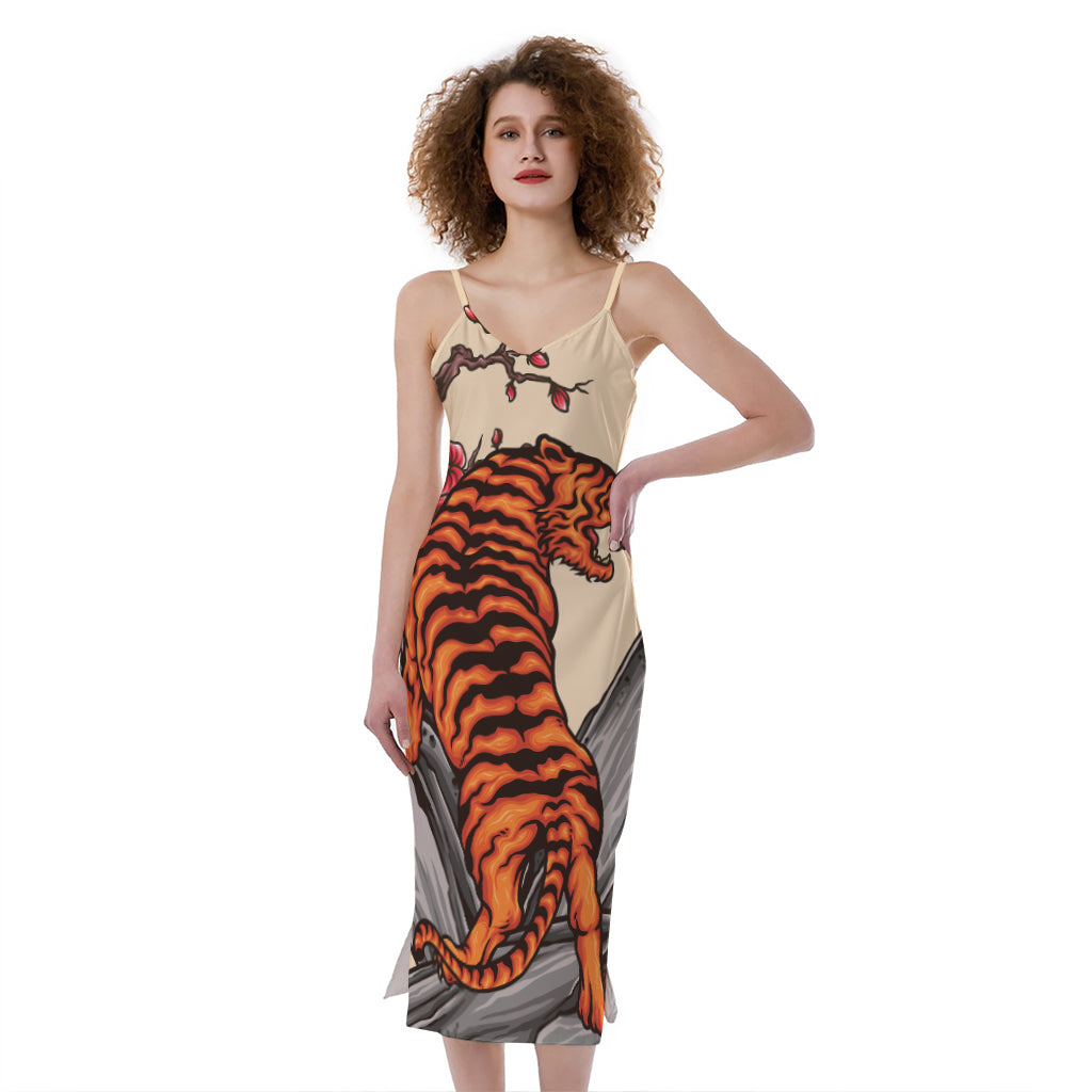 Japanese Tiger Tattoo Print Slim Fit Midi Cami Dress