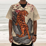 Japanese Tiger Tattoo Print Textured Short Sleeve Shirt