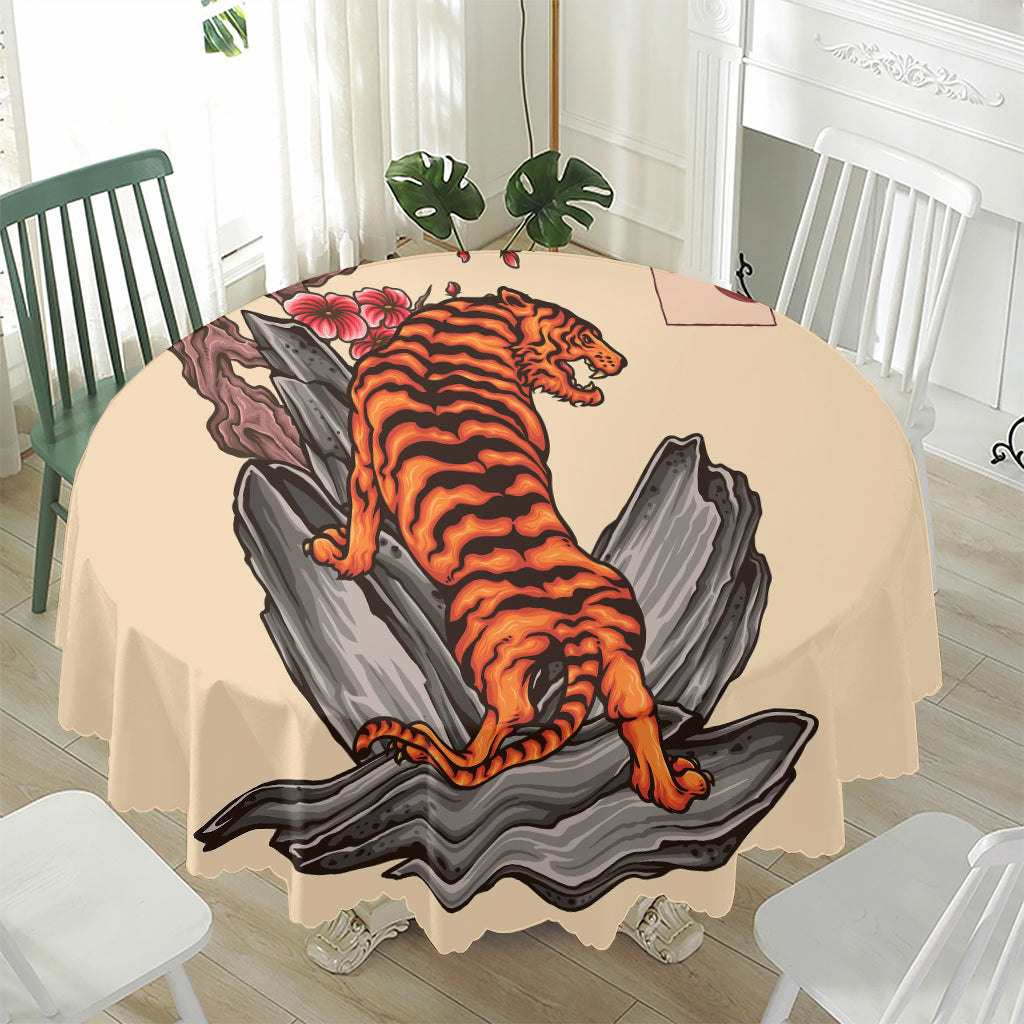 Japanese Tiger Tattoo Print Waterproof Round Tablecloth