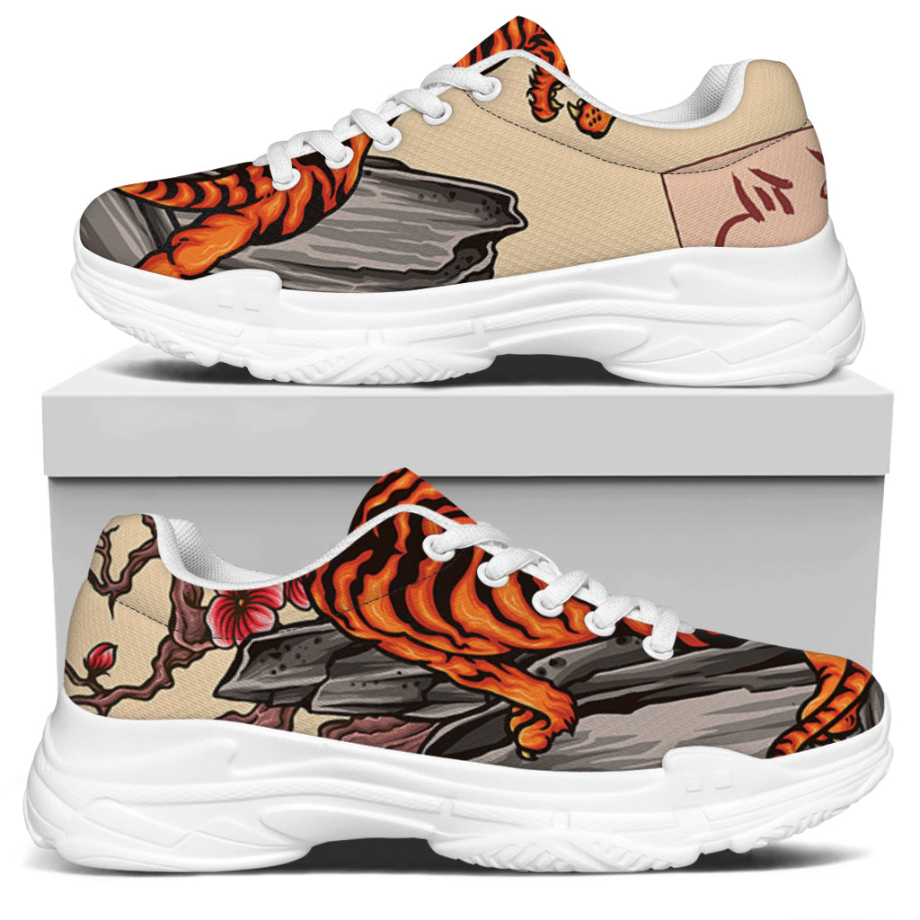 Japanese Tiger Tattoo Print White Chunky Shoes