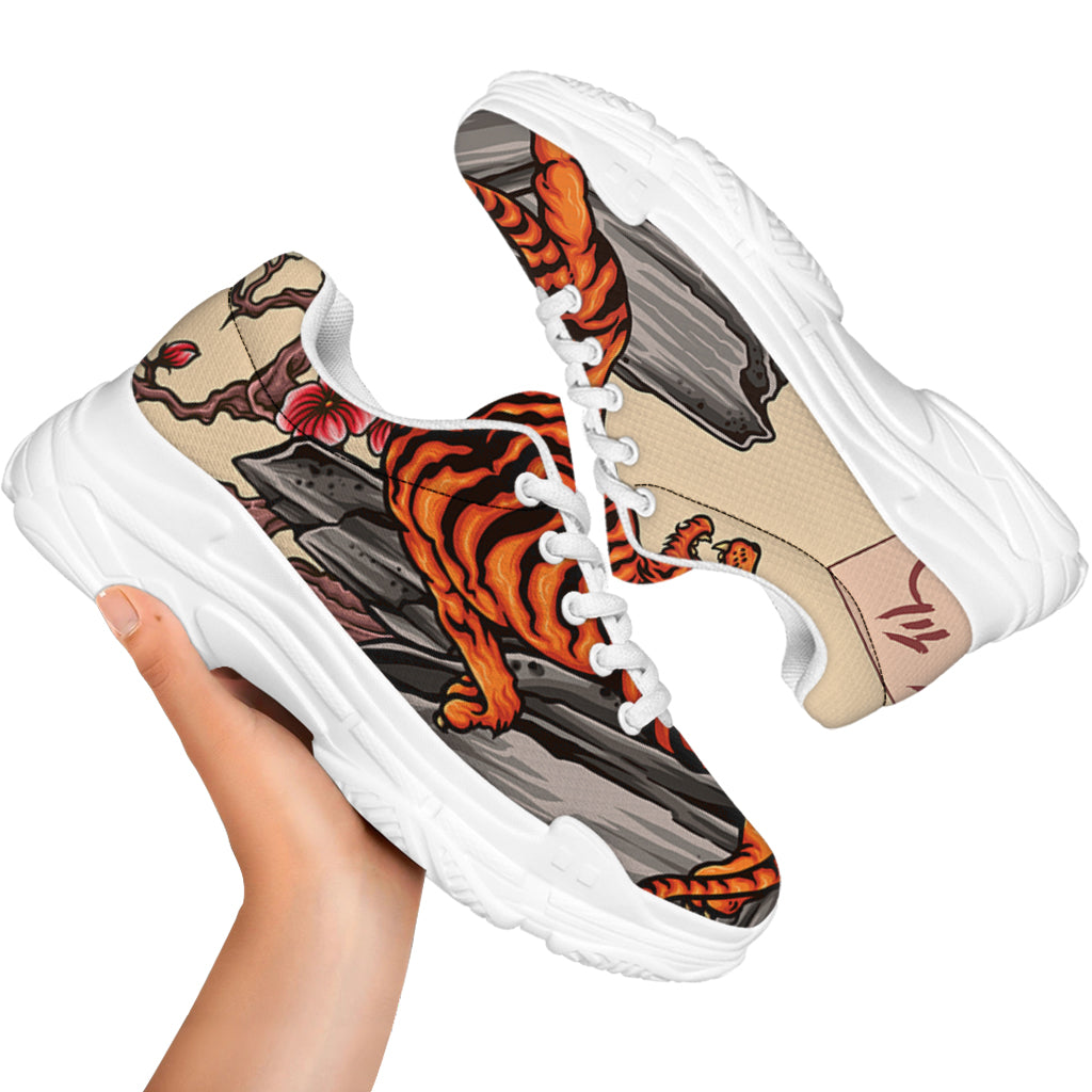 Japanese Tiger Tattoo Print White Chunky Shoes