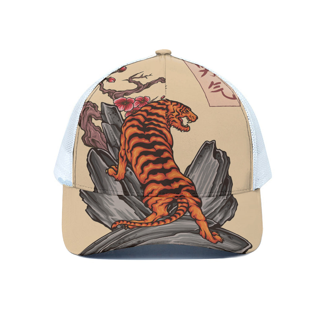 Japanese Tiger Tattoo Print White Mesh Trucker Cap