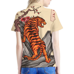 Japanese Tiger Tattoo Print Women's Polo Shirt