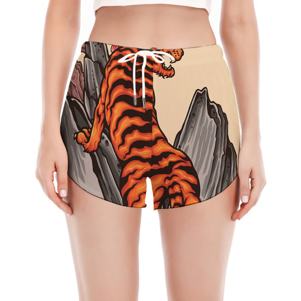 Japanese Tiger Tattoo Print Women's Split Running Shorts