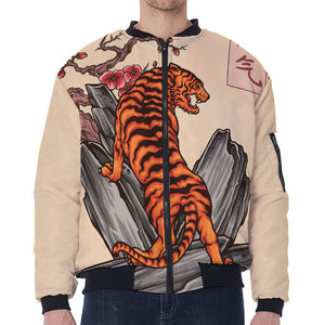 Japanese Tiger Tattoo Print Zip Sleeve Bomber Jacket