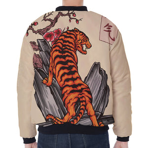 Japanese Tiger Tattoo Print Zip Sleeve Bomber Jacket