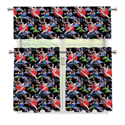 Japanese Traditional Pattern Print 3 Piece Kitchen Curtains