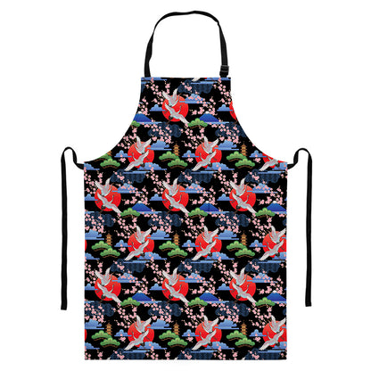Japanese Traditional Pattern Print Bib Apron With Pocket
