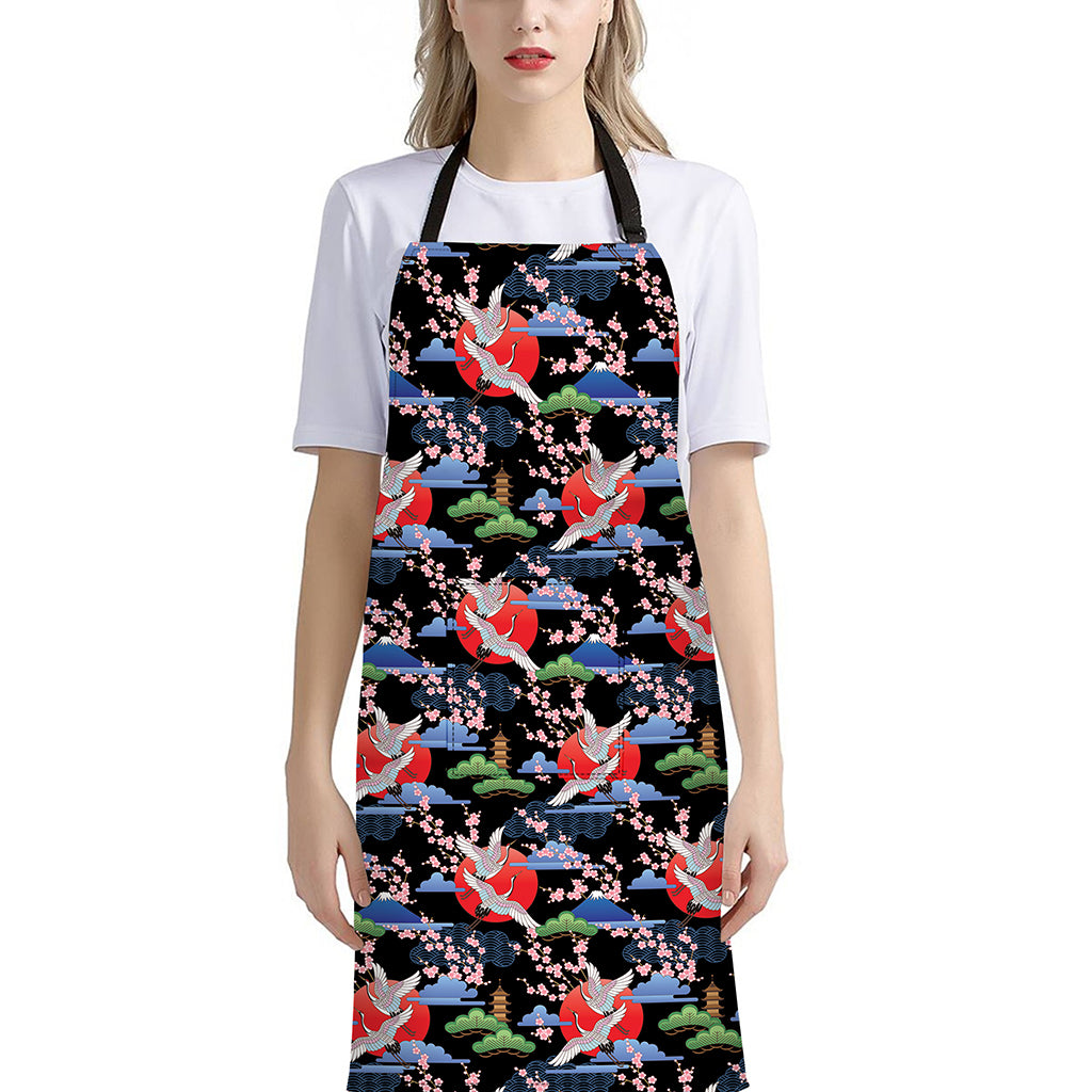 Japanese Traditional Pattern Print Bib Apron With Pocket