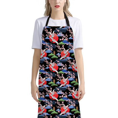 Japanese Traditional Pattern Print Bib Apron With Pocket