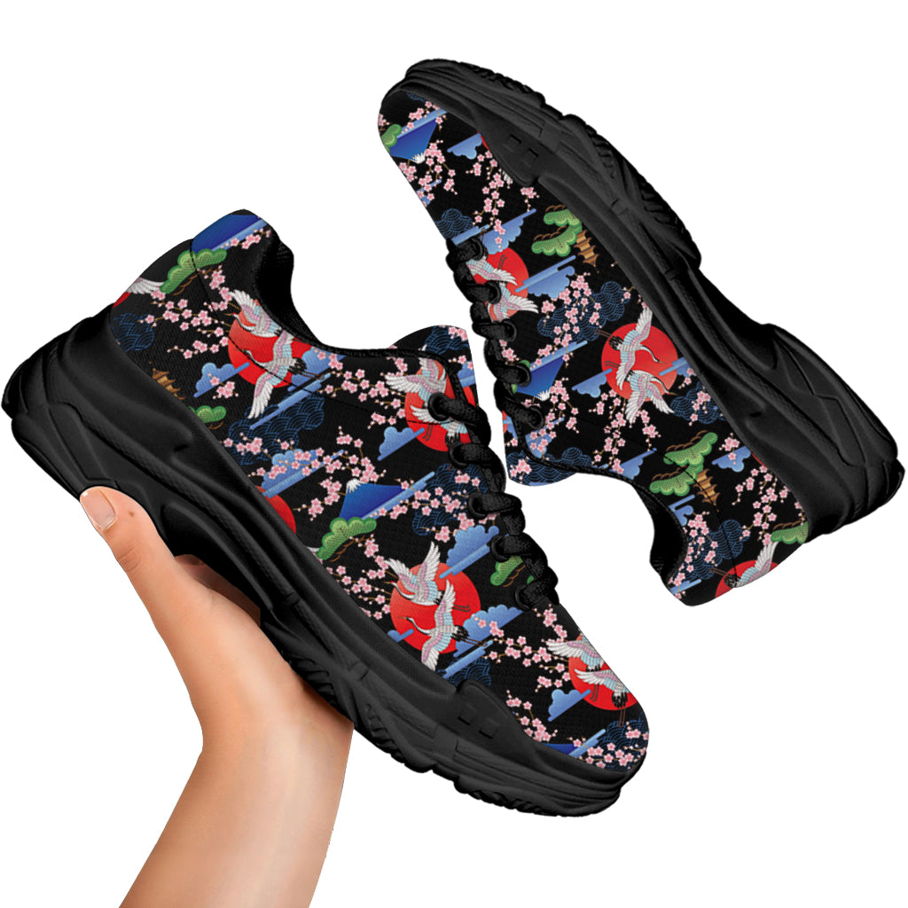 Japanese Traditional Pattern Print Black Chunky Shoes