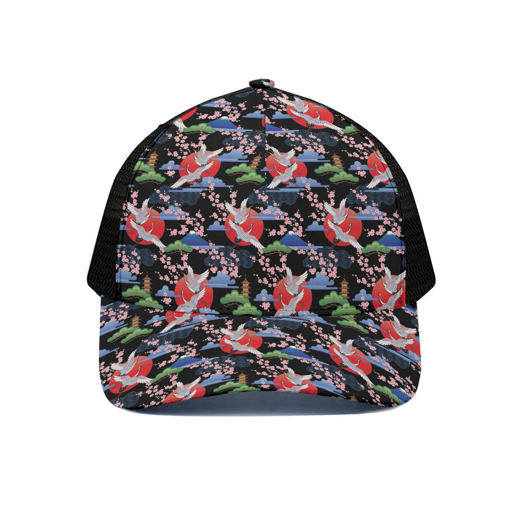 Japanese Traditional Pattern Print Black Mesh Trucker Cap