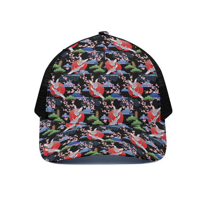 Japanese Traditional Pattern Print Black Mesh Trucker Cap