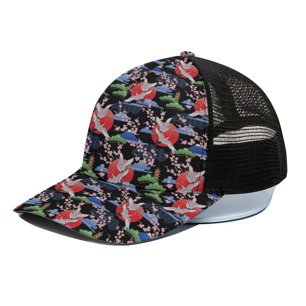 Japanese Traditional Pattern Print Black Mesh Trucker Cap