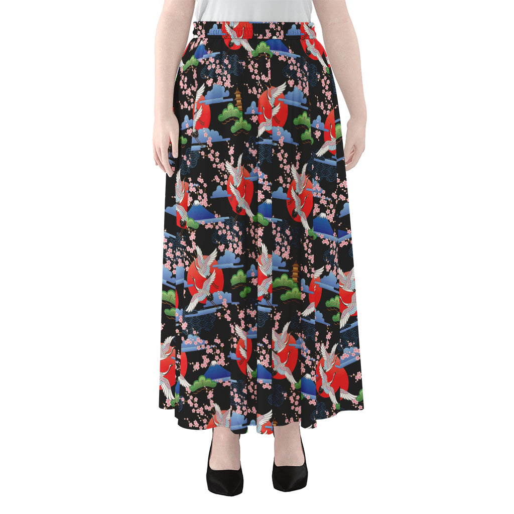 Japanese Traditional Pattern Print Chiffon Maxi Skirt
