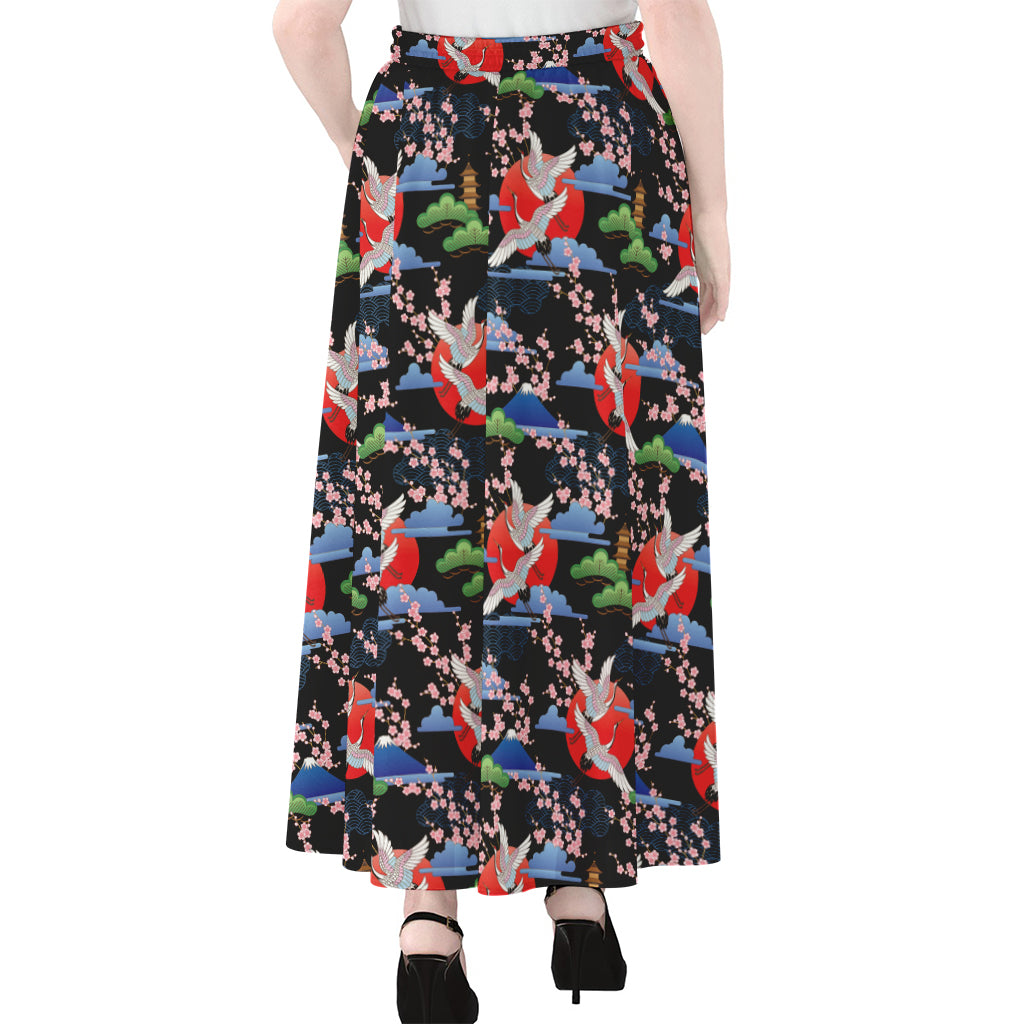 Japanese Traditional Pattern Print Chiffon Maxi Skirt