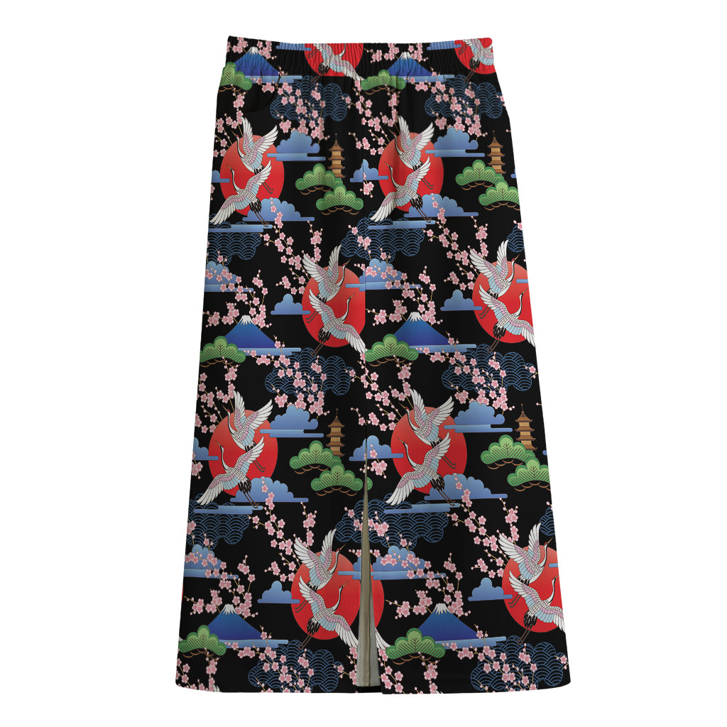 Japanese Traditional Pattern Print Cotton Front Slit Maxi Skirt