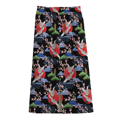 Japanese Traditional Pattern Print Cotton Front Slit Maxi Skirt