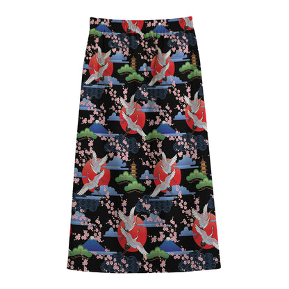 Japanese Traditional Pattern Print Cotton Front Slit Maxi Skirt