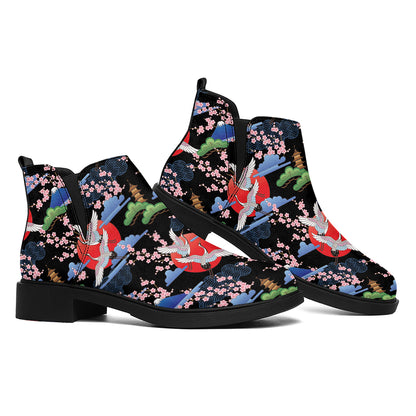 Japanese Traditional Pattern Print Flat Ankle Boots