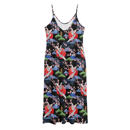Japanese Traditional Pattern Print Jersey Midi Cami Dress