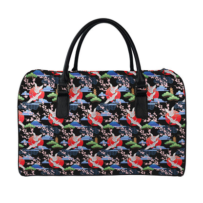Japanese Traditional Pattern Print Leather Duffle Bag