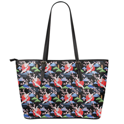Japanese Traditional Pattern Print Leather Tote Bag