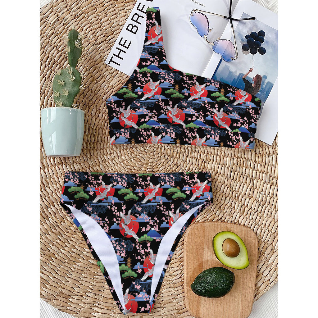 Japanese Traditional Pattern Print One Shoulder Bikini Top