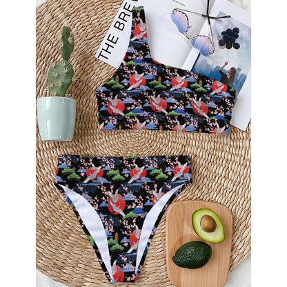 Japanese Traditional Pattern Print One Shoulder Bikini Top