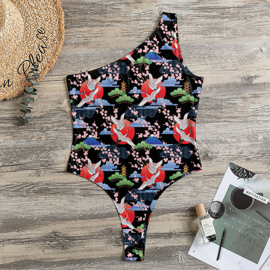 Japanese Traditional Pattern Print One Shoulder Bodysuit