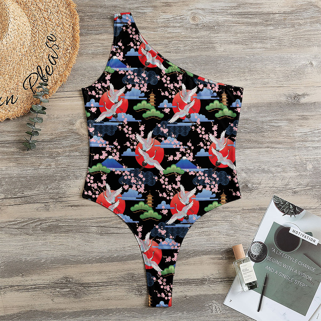 Japanese Traditional Pattern Print One Shoulder Bodysuit
