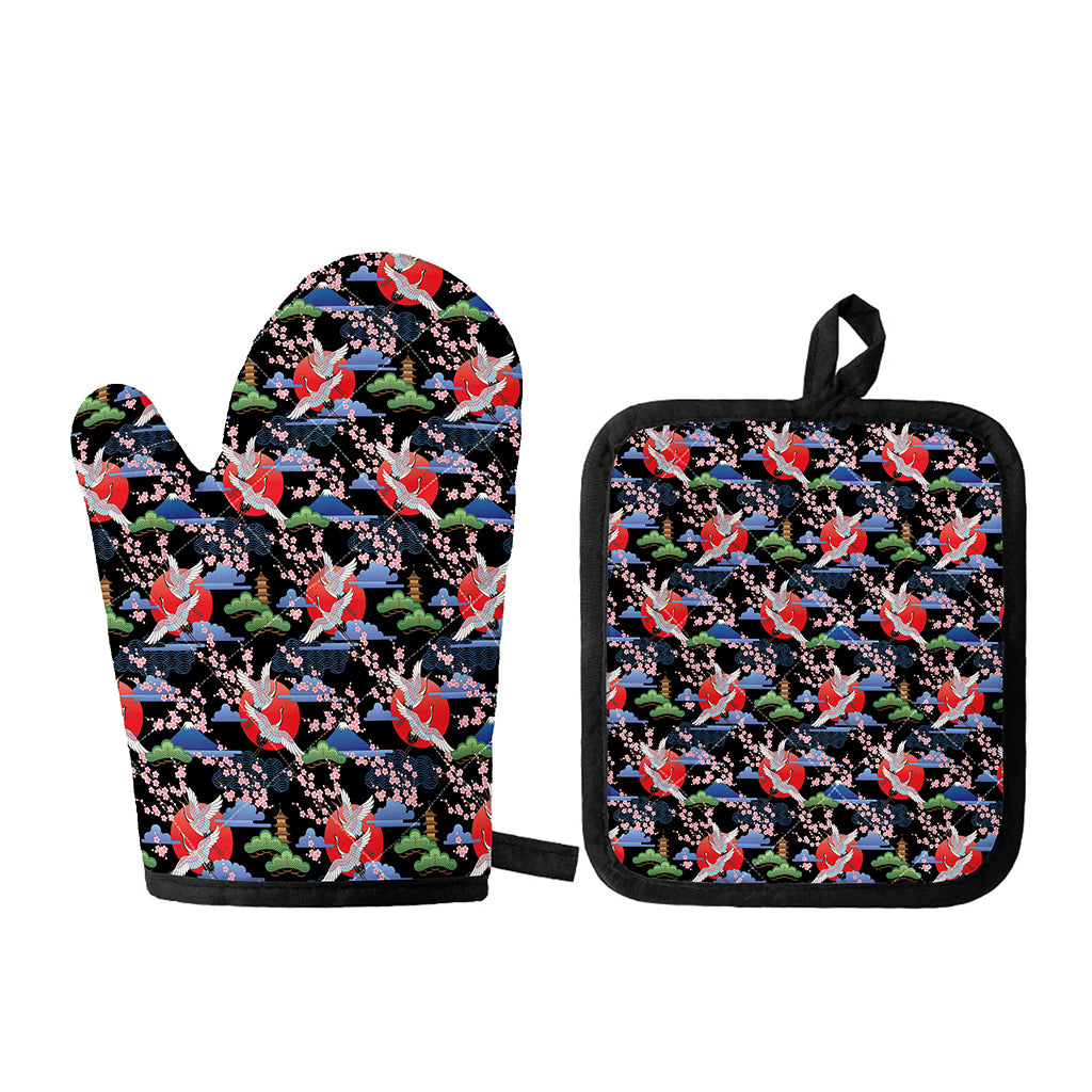 Japanese Traditional Pattern Print Oven Mitt And Pot Holder Set