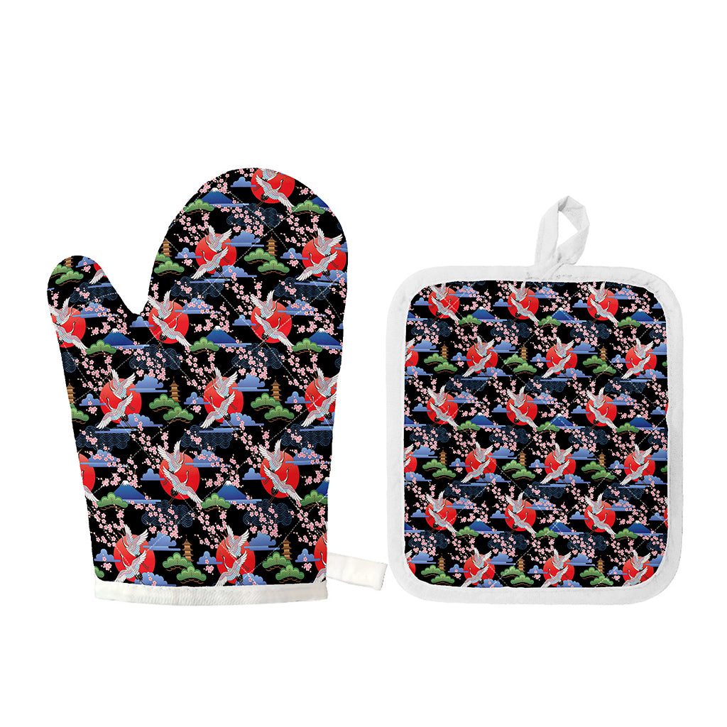 Japanese Traditional Pattern Print Oven Mitt And Pot Holder Set