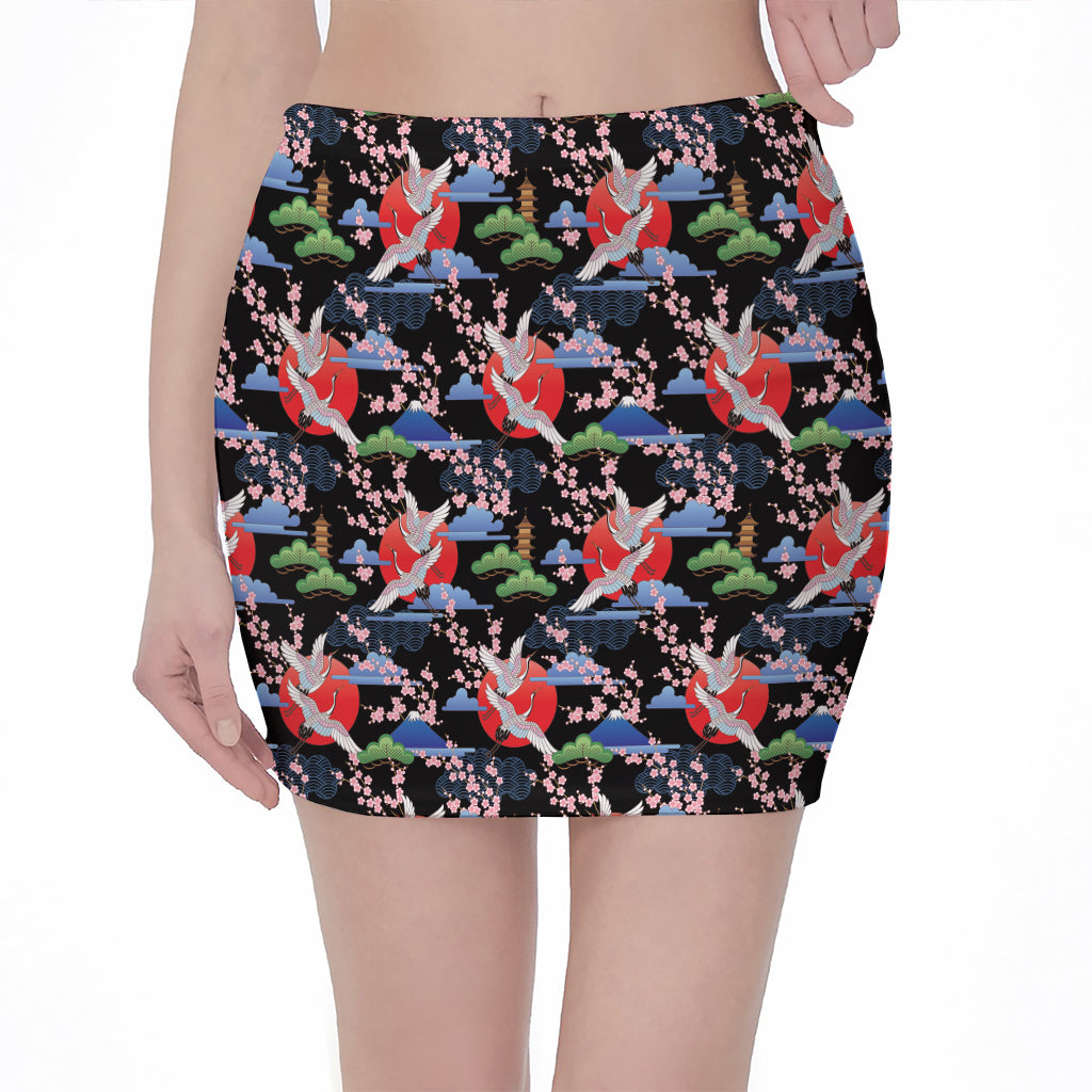 Japanese Traditional Pattern Print Pencil Mini Skirt