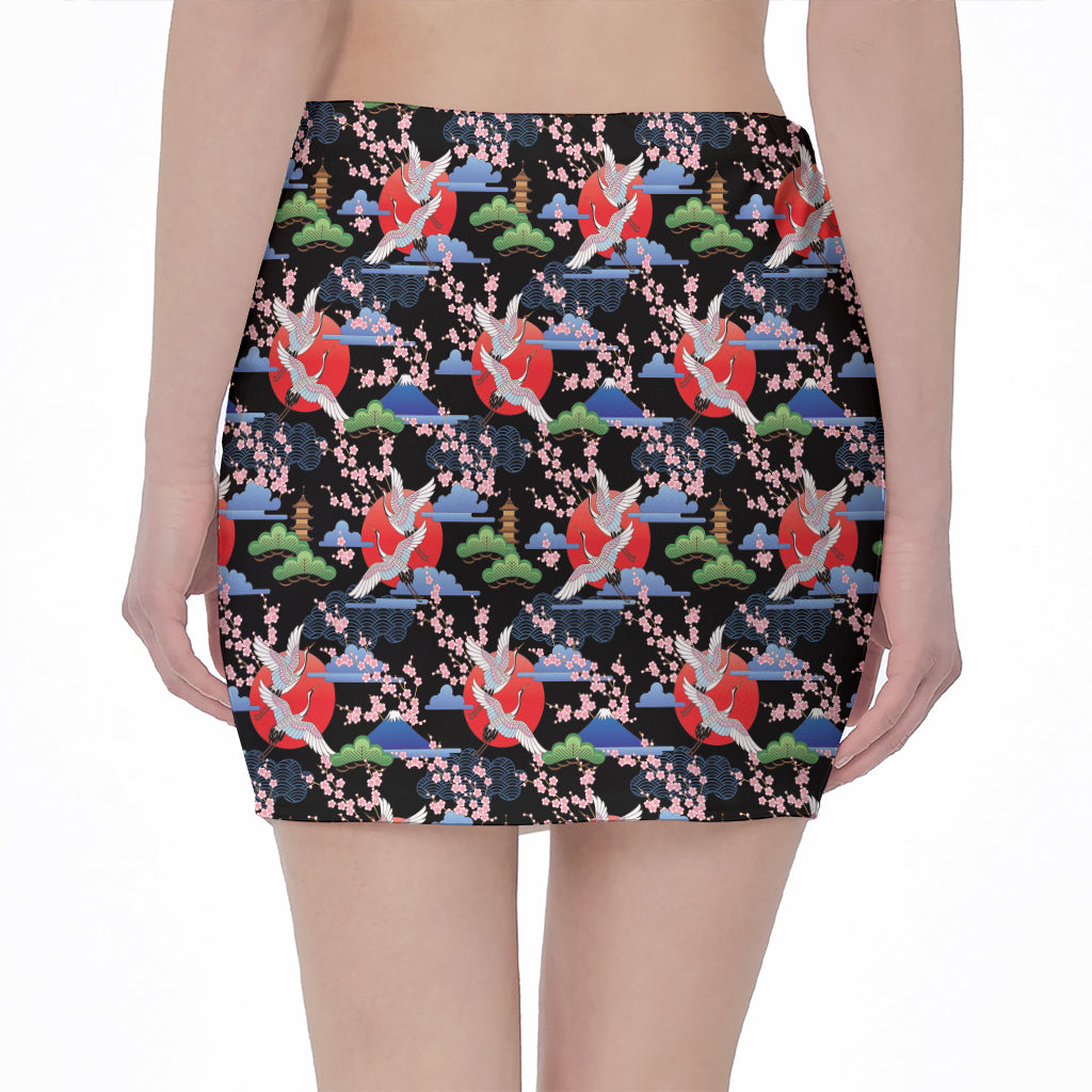 Japanese Traditional Pattern Print Pencil Mini Skirt