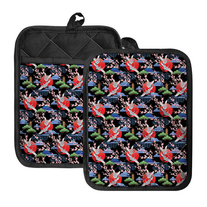 Japanese Traditional Pattern Print Pot Holders With Pocket