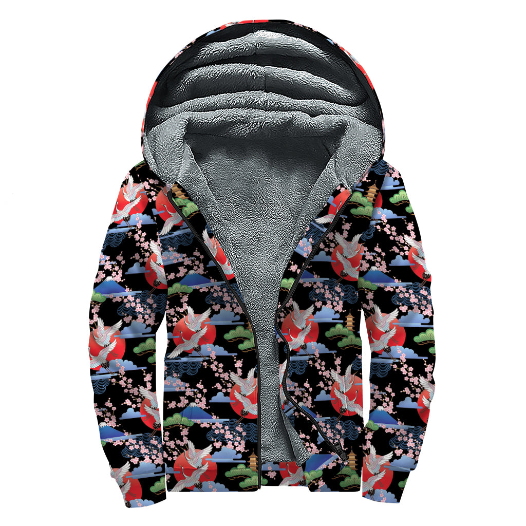 Japanese Traditional Pattern Print Sherpa Lined Zip Up Hoodie
