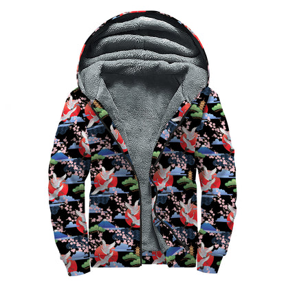 Japanese Traditional Pattern Print Sherpa Lined Zip Up Hoodie