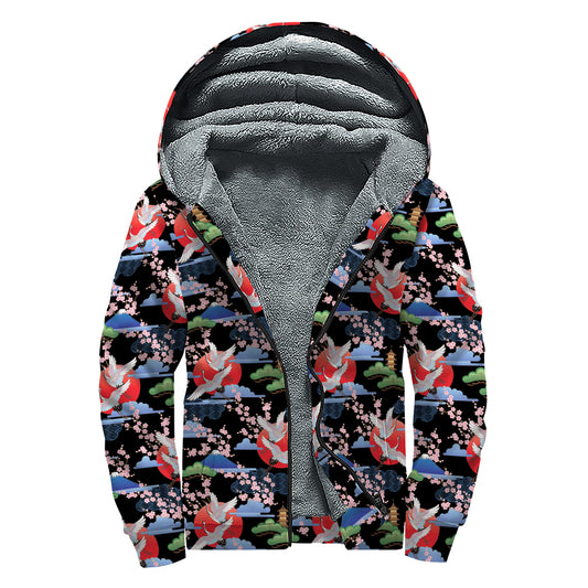 Japanese Traditional Pattern Print Sherpa Lined Zip Up Hoodie