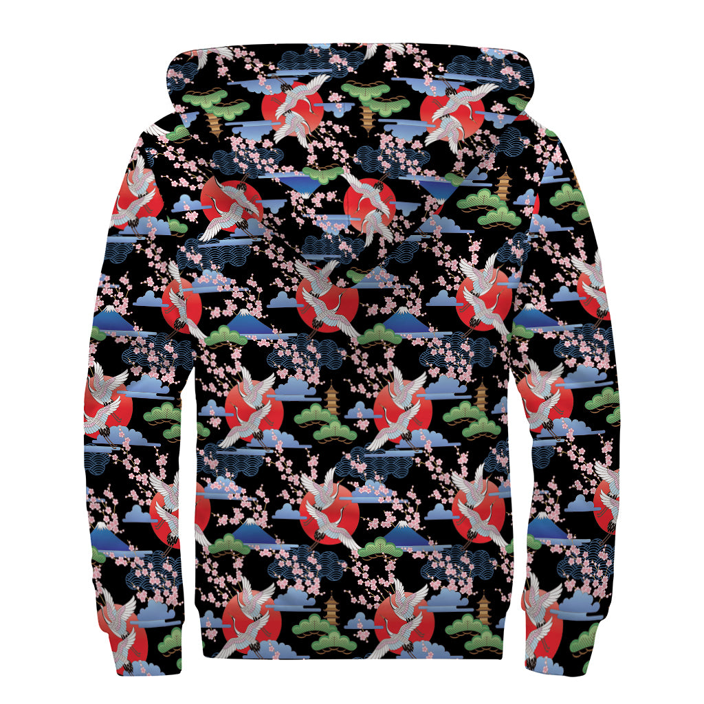 Japanese Traditional Pattern Print Sherpa Lined Zip Up Hoodie