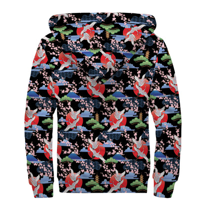 Japanese Traditional Pattern Print Sherpa Lined Zip Up Hoodie