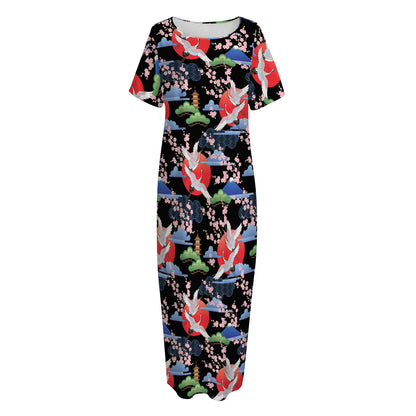 Japanese Traditional Pattern Print Short Sleeve Long Nightdress