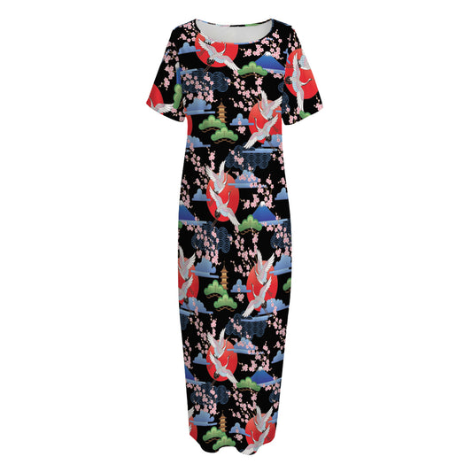 Japanese Traditional Pattern Print Short Sleeve Long Nightdress